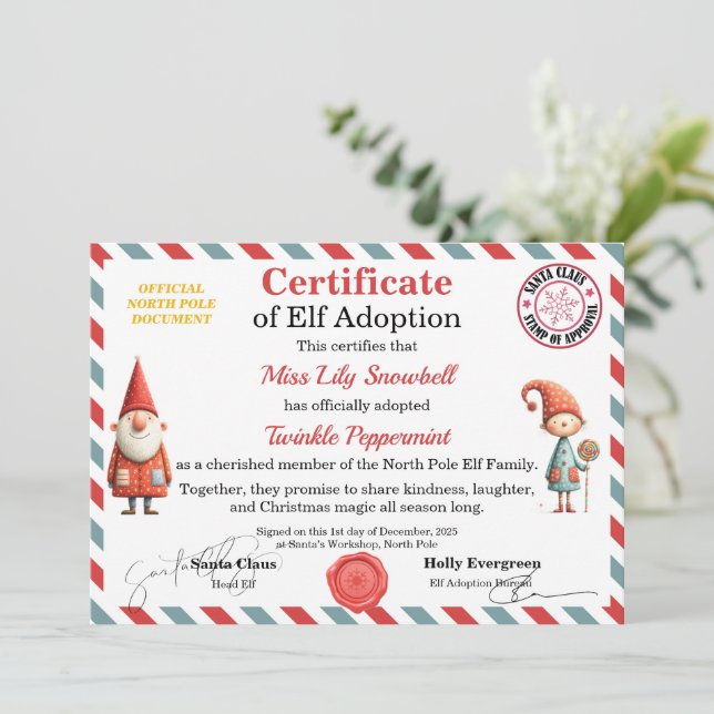 Convites Certificado Oficial de Adoção de Elfo do Polo Nort (Em pé/Frente)