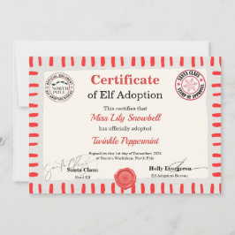 Convites Certificado Oficial de Adoção de Elfo do Polo Nort