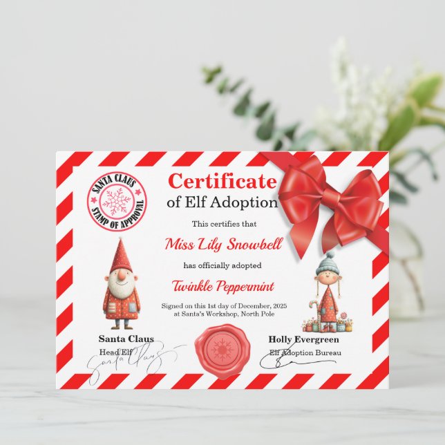 Convites Certificado Oficial de Adoção de Elfo do Polo Nort (Em pé/Frente)