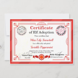 Convites Certificado Oficial de Adoção de Elfo do Polo Nort