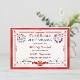 Convites Certificado Oficial de Adoção de Elfo do Polo Nort