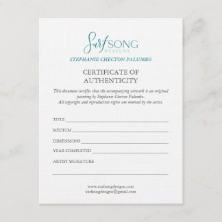 Convites Certificate of Authenticity For Artwork