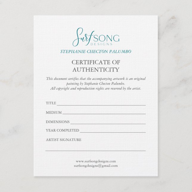 Convites Certificate of Authenticity For Artwork (Frente)