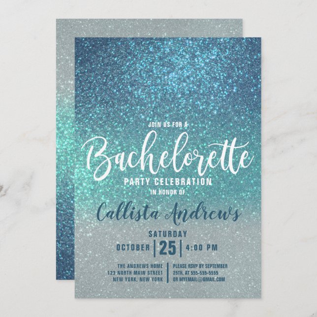 Convites Cerulean Blue Teal Triple Glitter Bachelorette (Frente/Verso)