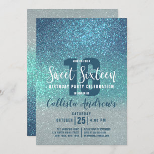 Convites Cerulean Blue Teal Triple Glitter Ombre Sweet 16