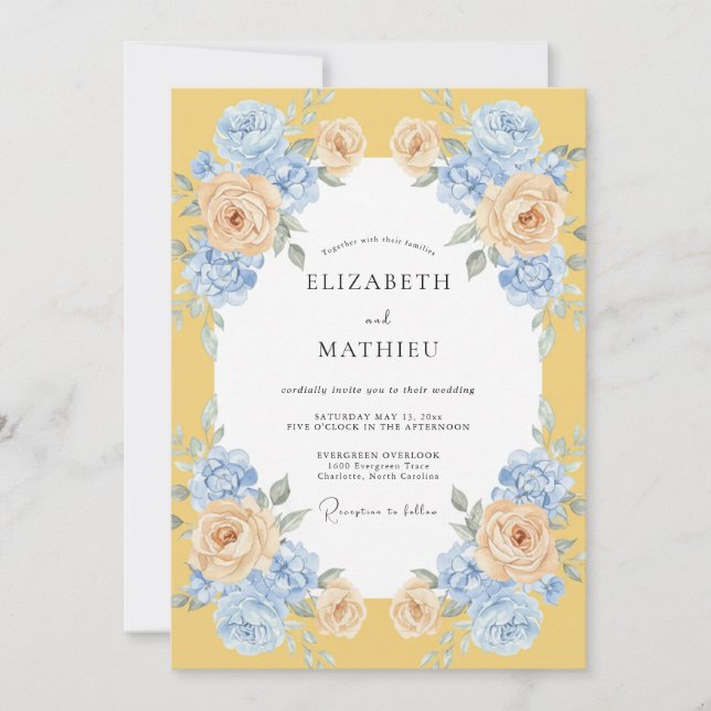 Convites Cerúleo Pétala de Ouro Casamento (Frente)