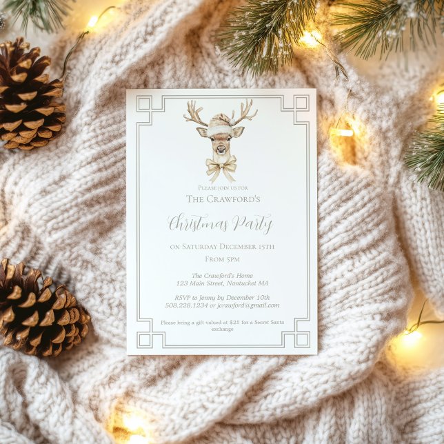 Convites Cervo com Chapéu de Papai Noel Natal Rústico Count (Deer with Santa Hat Country Christmas Invitation)