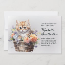 Convites Cesta de Flores de Gatinho Amarelo Aniversário Fem