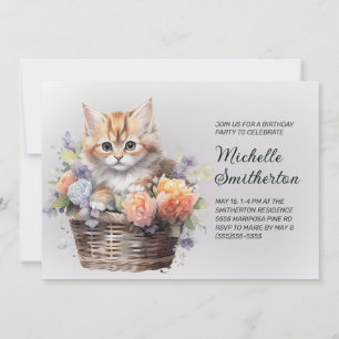 Convites Cesta de Flores de Gatinho Amarelo Aniversário Fem