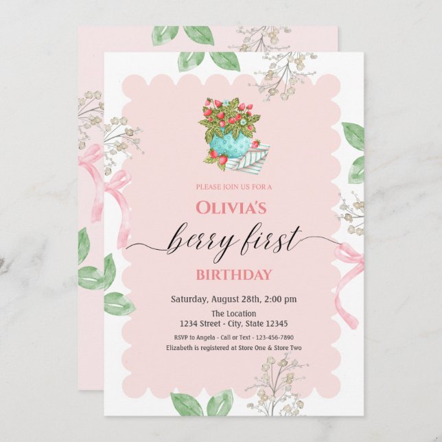 Convites Cesta de Morango em Aquarela Aniversário de 1 ano  (Frente/Verso)