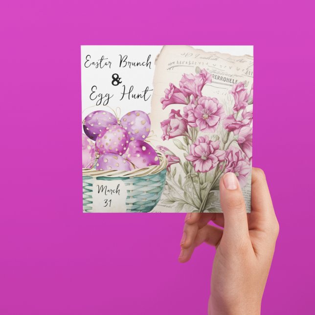 Convites Cesta de páscoa com Ovos e Flores Epheméricas (Cute polka dotted Easter Eggs and Easter flowers on Brunch and Egg Hunt customizable invitation)