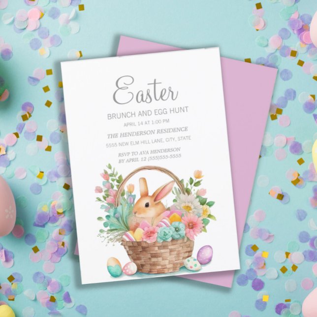 Convites Cesta de Páscoa Elegante para Café da Manhã com Co (Easter bunny in basket Easter greeting card.)