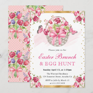 Convites Cesta Floral Rosa e Borboletas Brunch de Páscoa