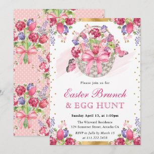 Convites Cesta Floral Rosa e Borboletas Brunch de Páscoa