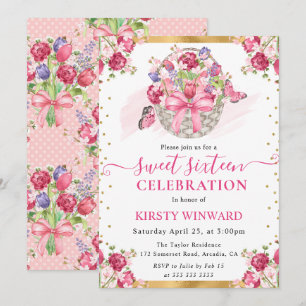 Convites Cesta Floral Rosa e Borboletas Sweet Sixteen