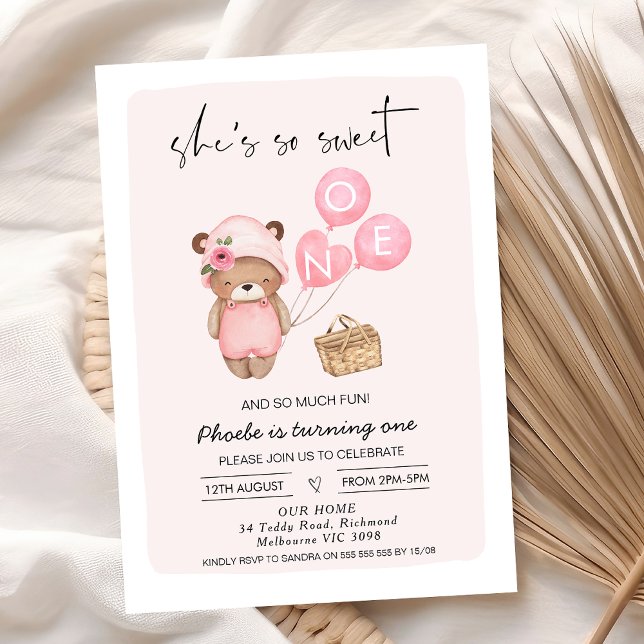 Convites Cesto de Picnic rosa e primeiro aniversario do Urs (Pink Teddy Bear 1st Birthday Invitation For baby Girl, She's So Sweet Bear Invite,Teddy Bear Picnic,)