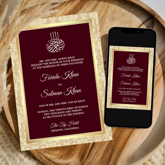 Convites Cetim de Damasco Creme Borgonha Casamento Islâmico (Criador carregado)