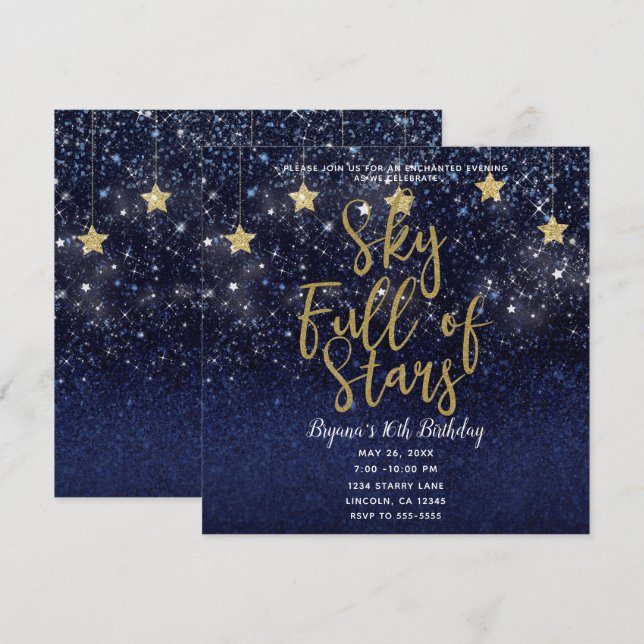 Convites Céu Cheio de Estrelas Noite Estrelada Dourado Azul (Frente/Verso)