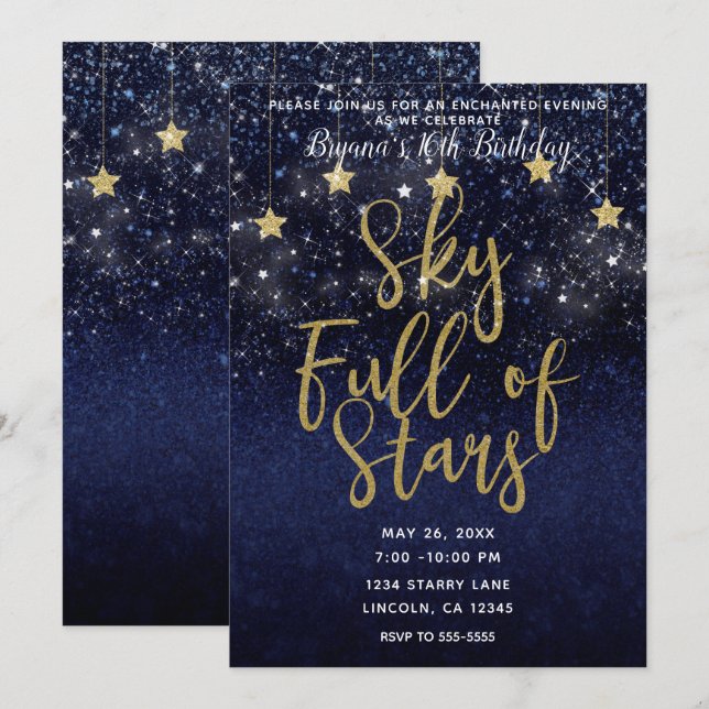 Convites Céu Cheio de Estrelas Noite Estrelada Dourado Azul (Frente/Verso)