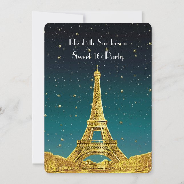 Convites Céu Dourado de Paris #2 Estrela Teal Doce 16 V (Frente)
