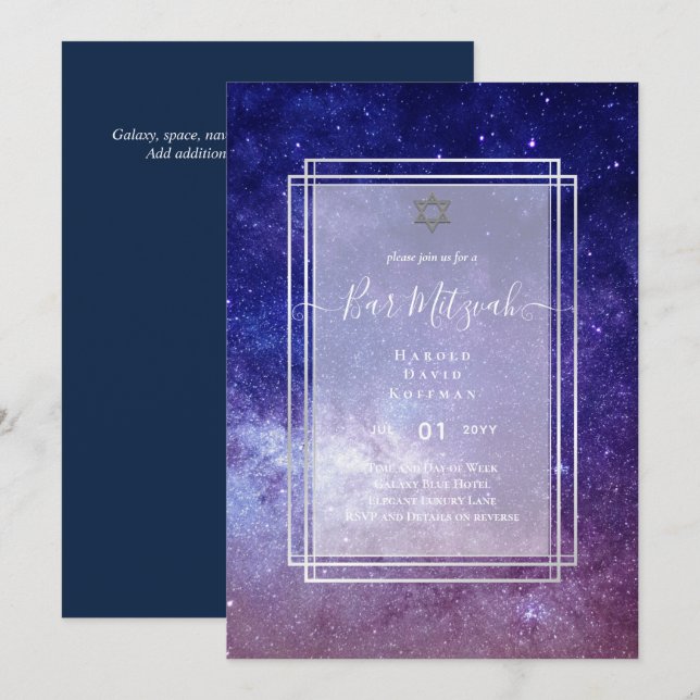 Convites Céus Acima do BAR MITZVAH Galaxy Blue Dourado Eleg (Frente/Verso)