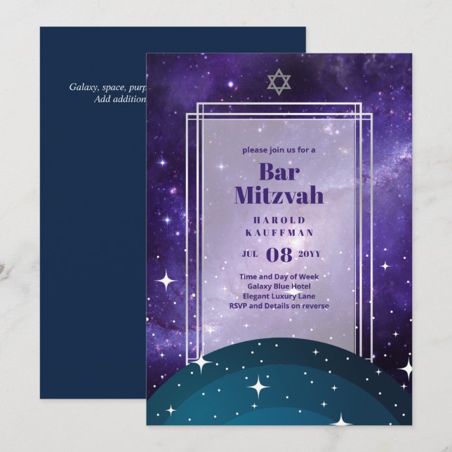 Convites Céus Acima do BAR MITZVAH Galaxy Blue Dourado Eleg (Frente/Verso)