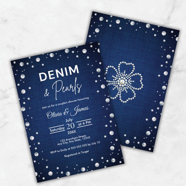 Convites Chá azul-preto Elegante e Casal de pérolas (Elegant Blue Denim and Pearls Couple's Shower Invitation     )