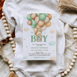 Convites Chá Baby Boy do Balão de Ar Quente do Green Bear
