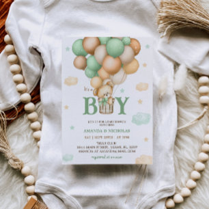 Convites Chá Baby Boy do Balão de Ar Quente do Green Bear