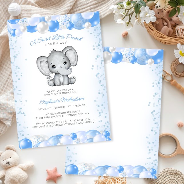 Convites Chá Balão Elefante Blue Baby Boy (Elephant Blue Baby Boy Balloon Shower Invitation)