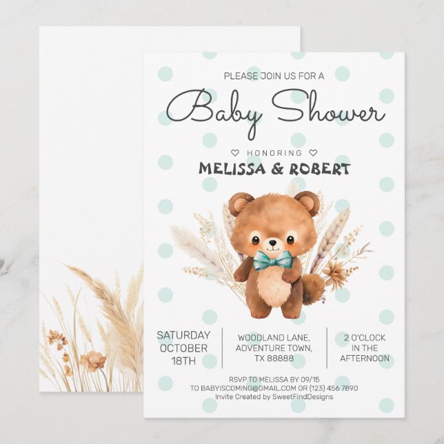Convites Chá Bear Polka Baby Boy (Frente/Verso)
