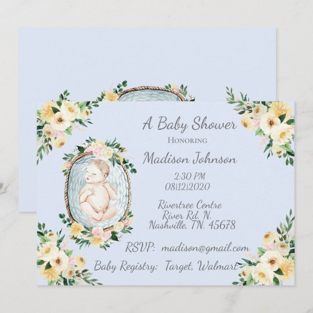 Convites Chá Bebê Azul Floral Bebê Adorável (Frente/Verso)