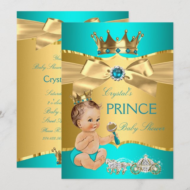 Convites Chá Bebê Príncipe Azul Ouro Bebê Moreno Menino (Frente/Verso)