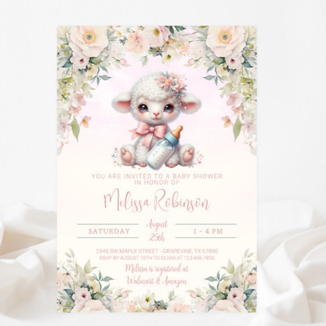 Convites Chá Bebê Rosa Floral Doce Bebê Cordeiro Recém-Nasc (Criador carregado)