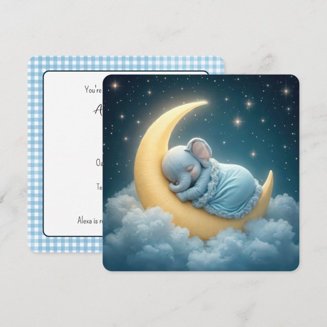 Convites Chá Blue Elephant Baby Boy (Frente/Verso)