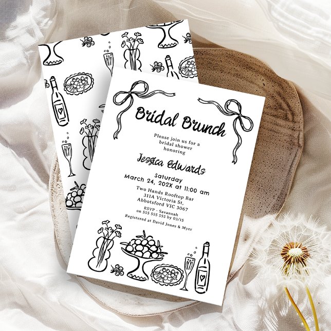Convites Chá Bridal Bridal Bridal Bridal Branca (Whimsical Black Bridal Brunch Bridal Shower Invitation, Pattern Back, Doodle, Food Drink Hand Drawn )