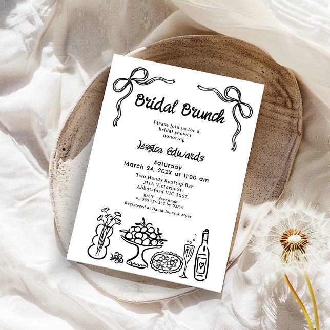 Convites Chá Bridal Bridal Bridal Bridal Branca (Whimsical Black Hand Drawn Bridal Brunch Bridal Shower Invitation, Bows Scribble Doodle Drawn)