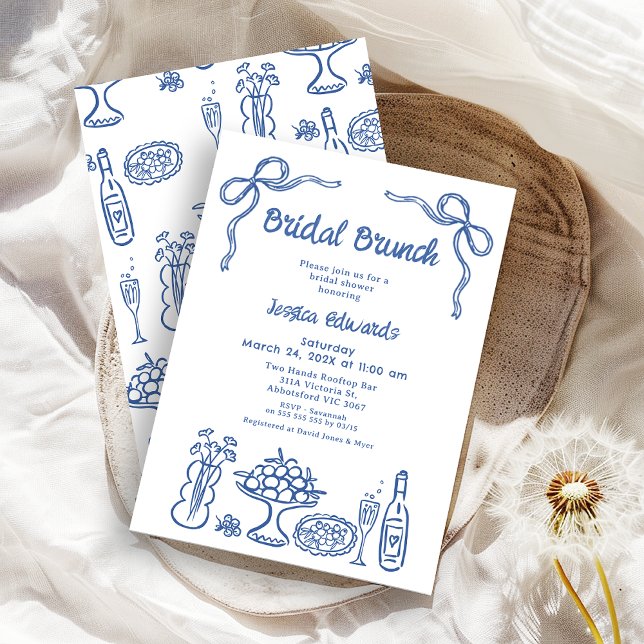 Convites Chá Bridal Bridal Bridal, De Mão Azul (Whimsical Blue Hand Drawn Bridal Brunch Bridal Shower Invitation, Doodle, Line Drawing
Food Drink )