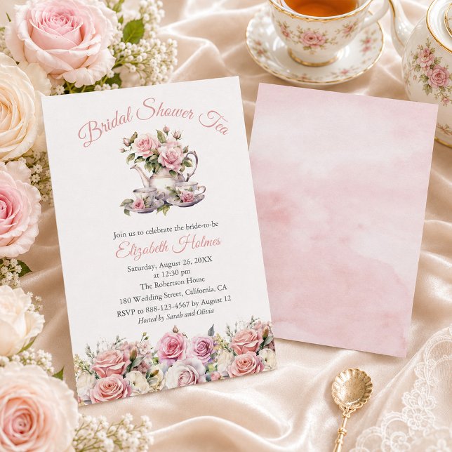 Convites Chá Brunch de Chá de Noiva com Rosas Rosa Claro  (Blush Pink Roses Bridal Shower Tea Brunch Invitation)