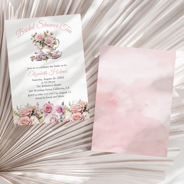 Convites Chá Brunch de Chá de Noiva com Rosas Rosa Claro  (Blush Pink Roses Bridal Shower Tea Brunch Invitation on a sunny white dry palm leaf.)