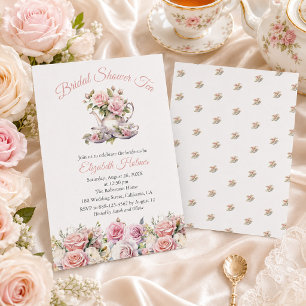 Convites Chá Brunch de Noivado com Rosas Rosa Claro