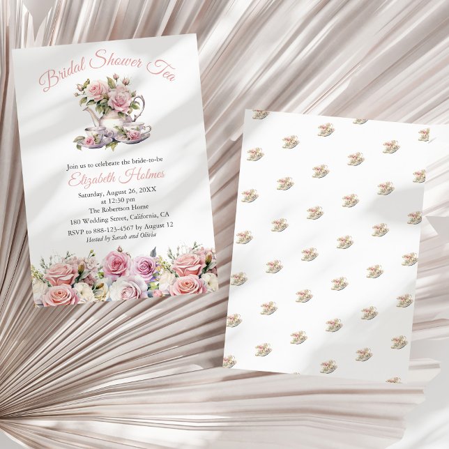 Convites Chá Brunch de Noivado com Rosas Rosa Claro (Blush Pink Roses Bridal Shower Tea Brunch Invitation on a sunny white dry palm leaf.)