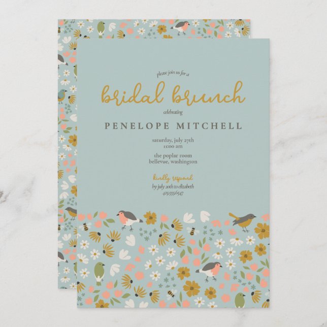 Convites Chá Brunch Floral Bridal Birds de Aves e Abelhas (Frente/Verso)