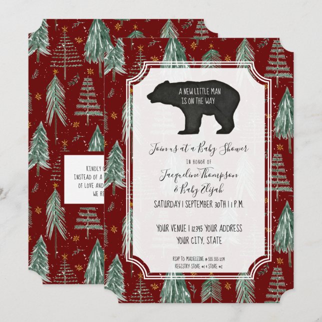 Convites Chá Burguni Red Bear Woodland Forest Baby Boy (Frente/Verso)