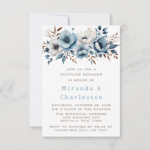 Convites Chá Casais de Casamento com Flor Branco Chic Blue
