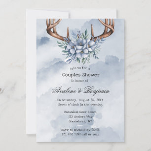 Convites Chá Casal de Casamento Floral Azul Boho Deer Antle