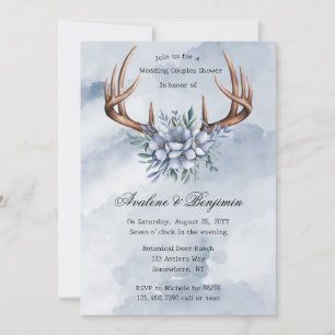 Convites Chá Casal de Casamento Floral Azul Boho Deer Antle