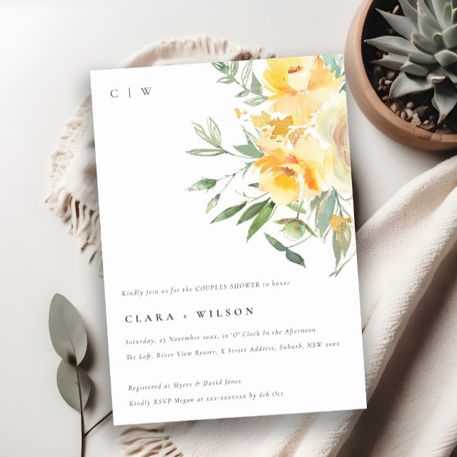 Convites Chá Casal de Rosa de Flor com Aquarela Amarela (Criador carregado)