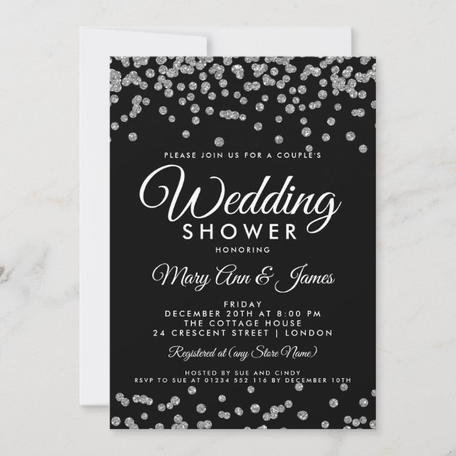 Convites Chá Casal Preto Confetti Silver Faux Glitter (Frente)