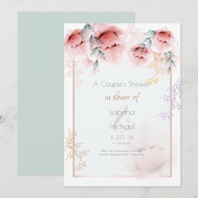Convites Chá casal | Trendy Coral Aquarelle Peonies (Frente/Verso)